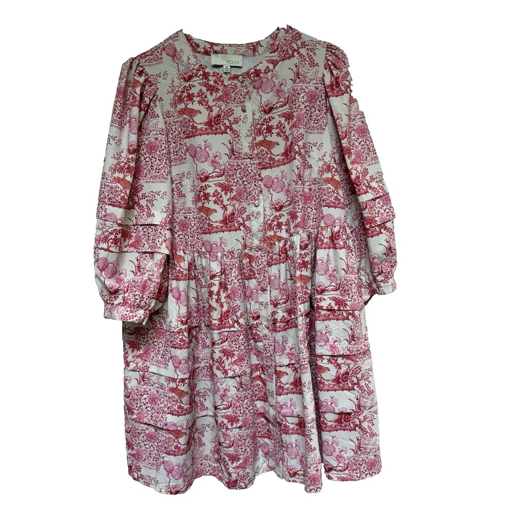 PINCH Anthropologie Women Dress Button Medium Pink Birds Trees Horizontal Pleats